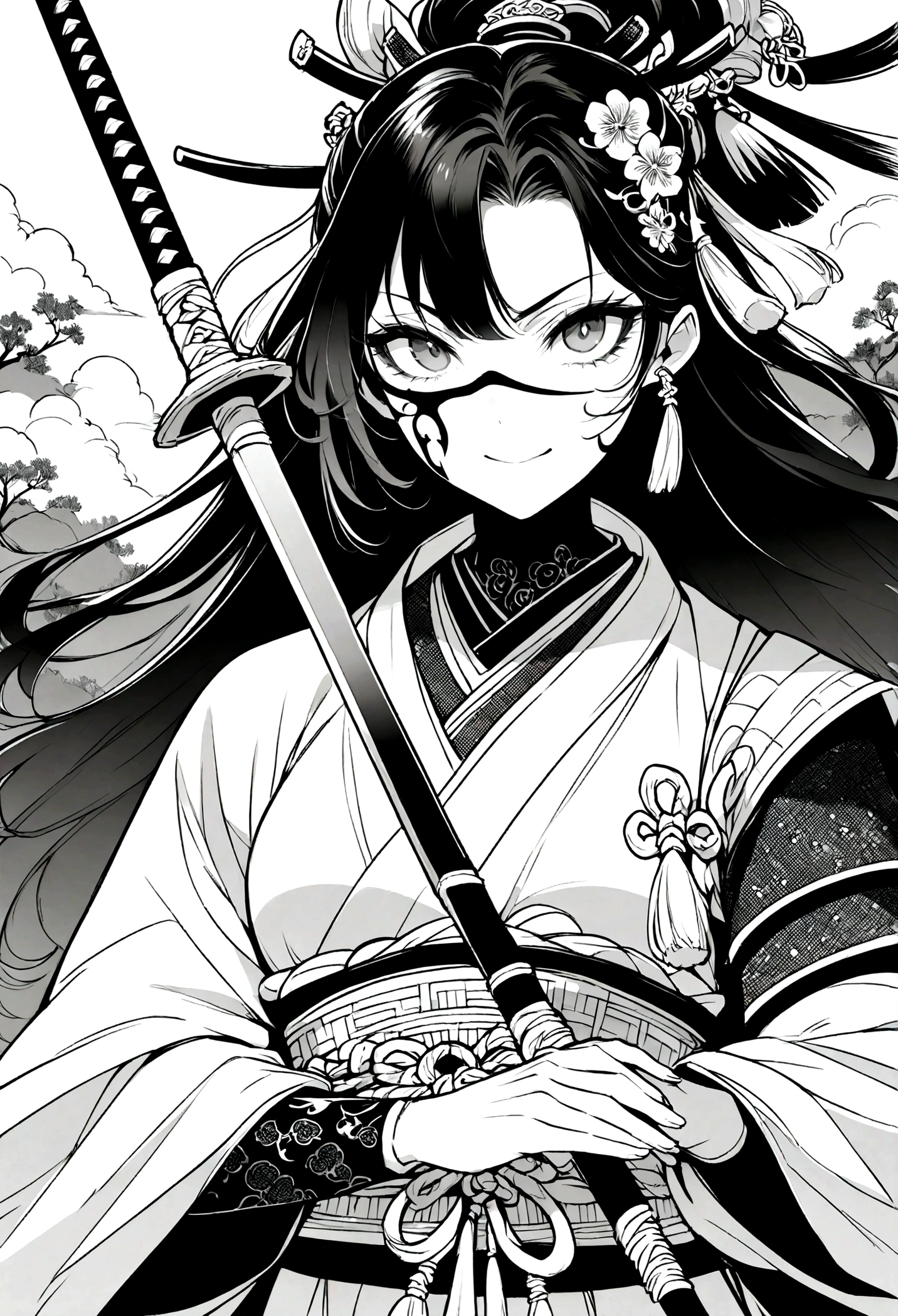 Samurai, mit einer Maske, He holds the spear on his right arm, high res, masterpiece, illustration, chinsese traditional style