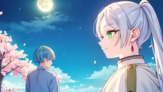 ((highest quality, super detailed girl and boy:1.3))BREAK,(girl is White hair,green eyes,shining eyes, absurdly long long twin tail:1.3),BREAK,(boy is Blue hair,boy is short hair:1.4),BREAK,(boy and girl walking side by side:1.3),(landscape photography:1.2), (highly detailed background:1.2),(cherry blossoms, cherry blossom,standing, midnight, moon:1.3),(total1 girl,total 1 boy,duo:1.3),from above,girl is expressionless, boy is smile