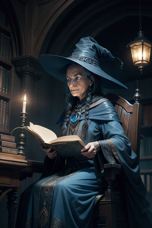 Best quality,In the background, an old witch sits in a Kadilaw chair.,She held the crow Sonista.,A lot of wrinkles on the face,bright blue eyes,spell library