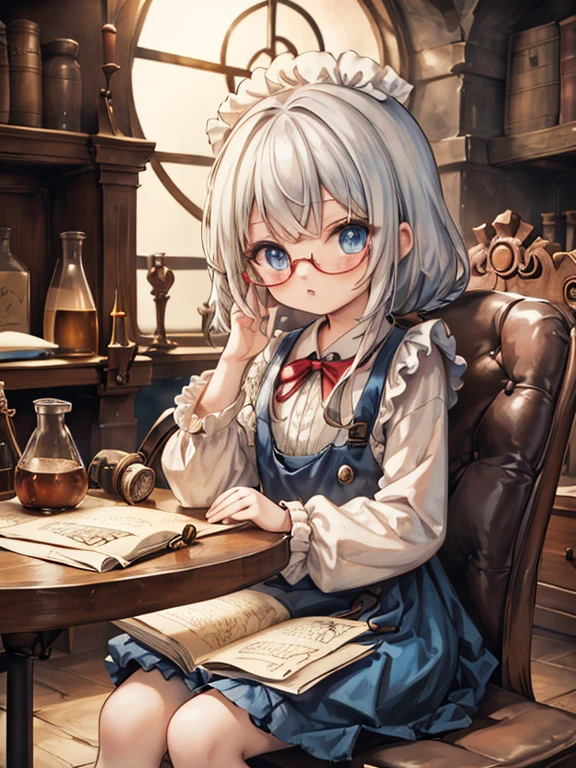 masterpiece, highest quality, Very detailed, 8k, Ultra-high resolution, Cowboy Shot, One 10-year-old girl, Detailed face、Perfect Fingers, blue eyes, Glasses, Silver Hair, Long Hair, Braid, Red ribbon on head, Blue Dress, White apron, Luxurious Western-style building, library, Bookshelf, table, (Sit on a chair:1.7), reading, renaissance_alchemist_studio