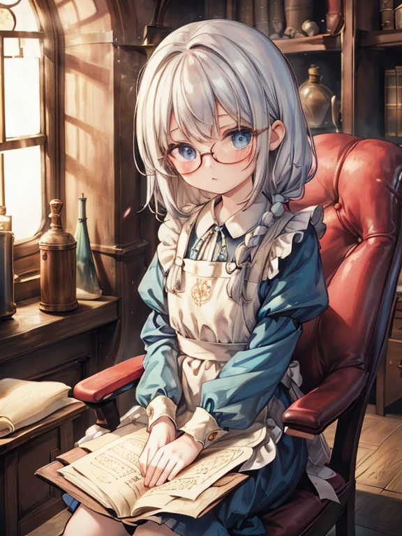 masterpiece, highest quality, Very detailed, 8k, Ultra-high resolution, Cowboy Shot, One 10-year-old girl, Detailed face、Perfect Fingers, blue eyes, Glasses, Silver Hair, Long Hair, Braid, Red ribbon on head, Blue Dress, White apron, Luxurious Western-style building, library, Bookshelf, table, (Sit on a chair:1.7), reading, renaissance_alchemist_studio