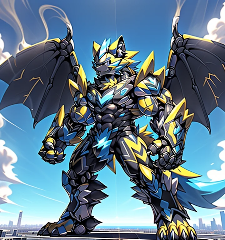 (masterpiece. official art. 8k. best quality. detailed full body. full body.)

(situation 1 : dominating zeraora. Zeraora is over 1000 meters long. focus GIANT mechanical Muscular Zeraora is trampling the city. Looking down. macro. stomp. Low-angle perspective. emphasizing the immense size.)

(situation 2 :smoke and flames rising from the destruction in the city)

(Additional details 1: wearing a full-face helmet. high-tech bio-mecha armor. real texture material. whole body shines like metal. Wearing cyberpunk mecha. emphasizes the muscles. suit fully made of metal. intricate armor. Robotic suit. suit fully made of metal. cyborg. Powered exoskeleton with the same design as Zeraora).

(Additional details 2: (Detailed head. Detailed Body. Detailed abs. gigantic muscles. HYPER MUSCLES. Gigachad Muscular. big muscle. pecs. triceps. traps. unusually developed muscular body. body full of huge muscles. showing off muscles. pectorales enormes. Exaggeratedly huge muscles. huge muscles. long legs.).

(Additional details 3: Spread wings. It has wings. have big wings. The claws are sharp. Sharp teeth.5 toes.).

(Additional details 4: black color hyper penis. hyper black penis. big penis)