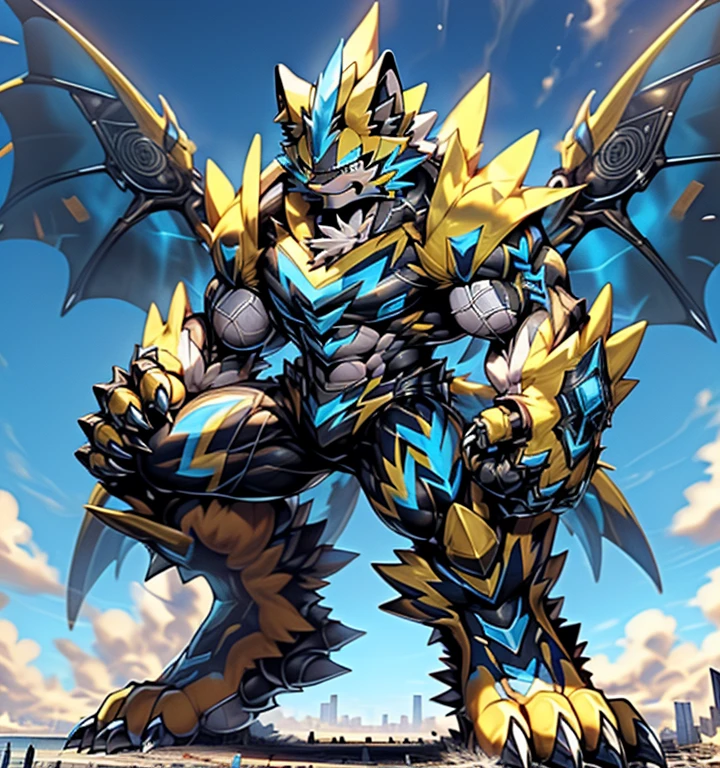 (masterpiece. official art. 8k. best quality. detailed full body. full body.)
(situation 1 : dominating zeraora. Zeraora is over 1000 meters long. focus GIANT mechanical Muscular Zeraora is trampling the city. Looking down. macro. stomp. Low-angle perspective. emphasizing the immense size.)
(situation 2 :smoke and flames rising from the destruction in the city)
(Additional details 1: wearing a full-face helmet. high-tech bio-mecha armor. real texture material. whole body shines like metal. Wearing cyberpunk mecha. emphasizes the muscles. suit fully made of metal. intricate armor. Robotic suit. suit fully made of metal. cyborg. Powered exoskeleton with the same design as Zeraora).
(Additional details 2: (Detailed head. Detailed Body. Detailed abs. gigantic muscles. HYPER MUSCLES. Gigachad Muscular. big muscle. pecs. triceps. traps. unusually developed muscular body. body full of huge muscles. showing off muscles. pectorales enormes. Exaggeratedly huge muscles. huge muscles. long legs.).
(Additional details 3: Spread wings. It has wings. have big wings. The claws are sharp. Sharp teeth.5 toes.).
(Additional details 4: black color hyper penis. hyper black penis. big penis)