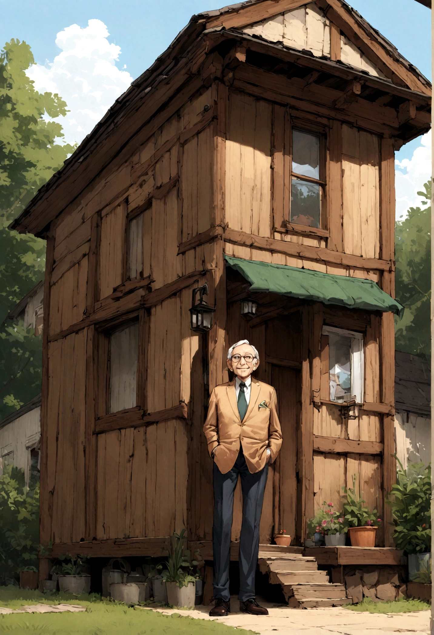 Buffett standing in front of his modest home in Omaha