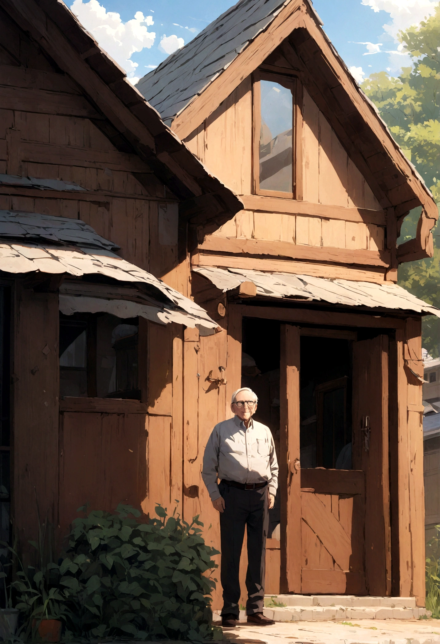 Buffett standing in front of his modest home in Omaha