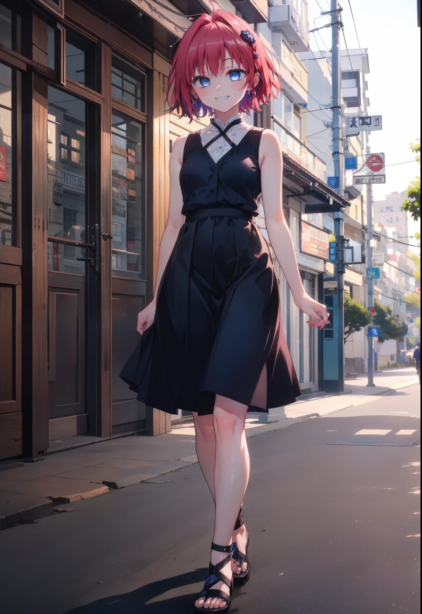 (masterpiece, highest quality:1.2),shape,8k,High resolution,kurosaki mea,Red Hair,Long Hair,Purple eyes,1 girl,Grin,smile,Sleeveless black dress,Bare arms,black long skirt,Cute Sandals,walking,evening,Sunset,The sun is setting,
break looking at viewer,whole body,
break outdoors, Coastal Road,
break (masterpiece:1.2), highest quality, High resolution, unity 8k wallpaper, (shape:0.8), (Beautiful and beautiful eyes:1.6), Highly detailed face, Perfect lighting, Extremely detailed CG, (Perfect hands, Perfect Anatomy),