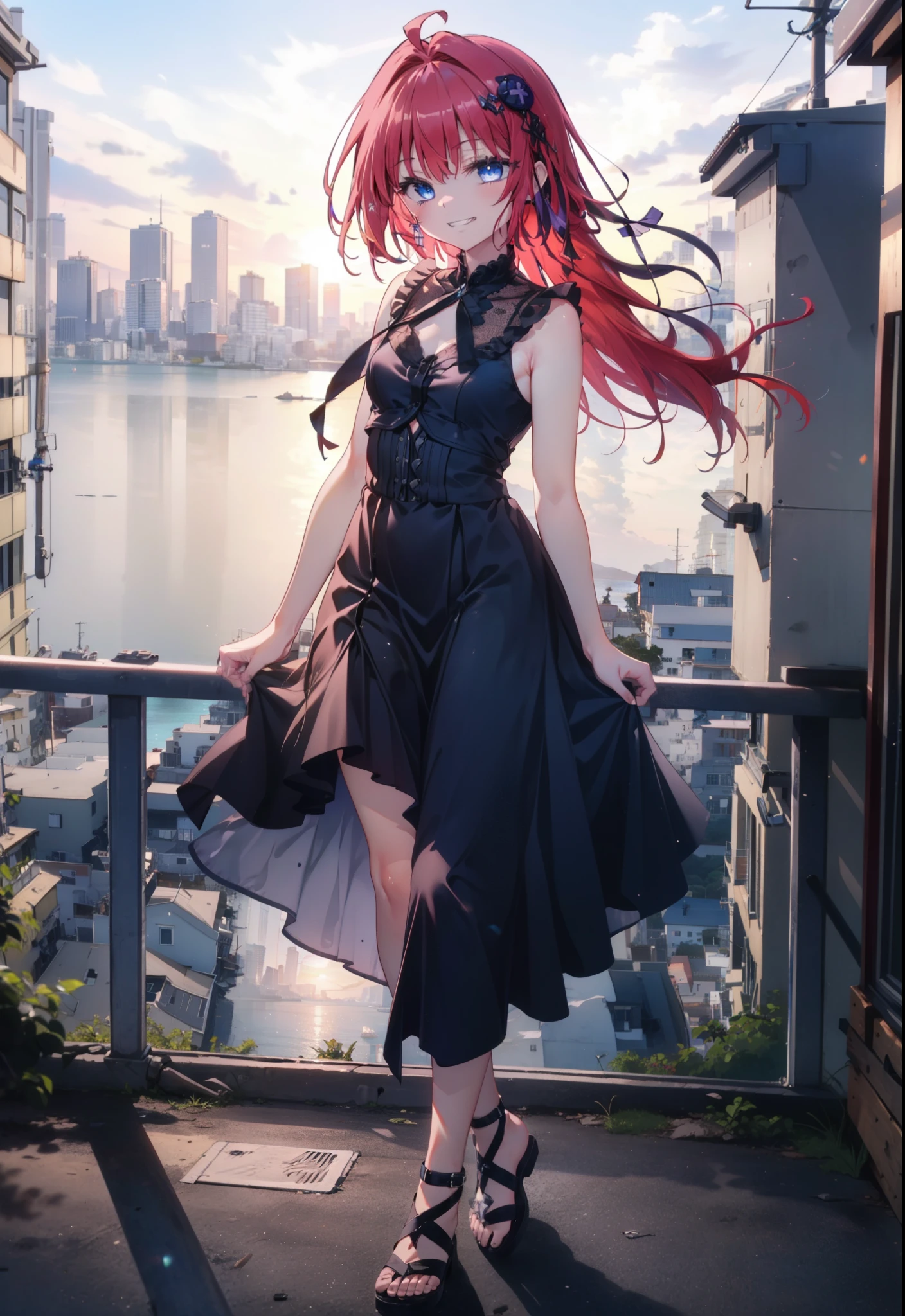 (masterpiece, highest quality:1.2),shape,8k,High resolution,kurosaki mea,Red Hair,Long Hair,Purple eyes,1 girl,Grin,smile,Sleeveless black dress,Bare arms,black long skirt,Cute Sandals,walking,evening,Sunset,The sun is setting,
break looking at viewer,whole body,
break outdoors, Coastal Road,
break (masterpiece:1.2), highest quality, High resolution, unity 8k wallpaper, (shape:0.8), (Beautiful and beautiful eyes:1.6), Highly detailed face, Perfect lighting, Extremely detailed CG, (Perfect hands, Perfect Anatomy),