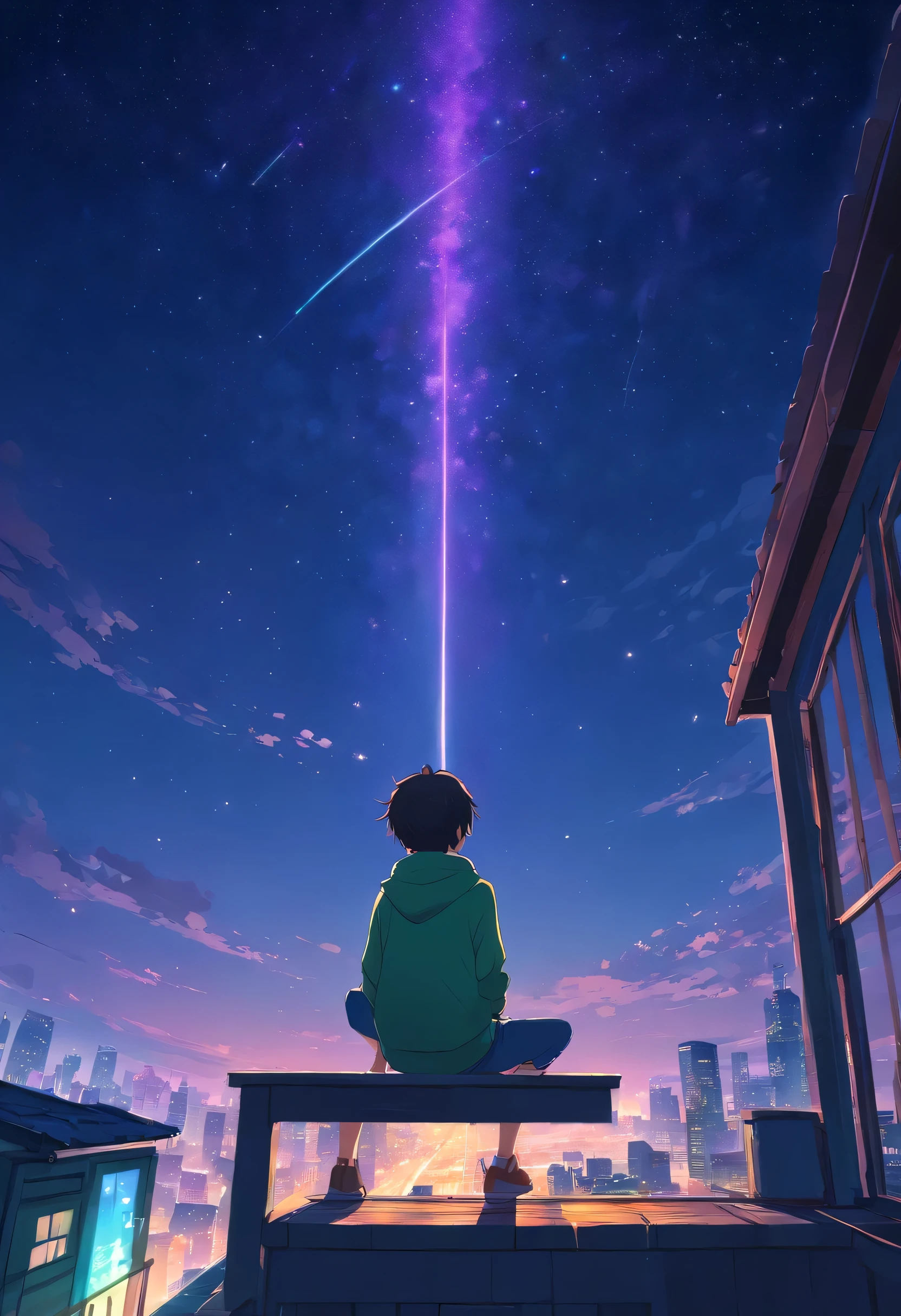 Imagine the cityscape below and create your masterpiece, Above the dark night sky, [purple, green, green, Pink combination color comic fall.] shooting star, Milky Way Galaxy, 17-year-old boy, Black Hair, green shiny eyes, White skin, I&#39;m sitting on the roof of my house and observing the night sky from below with a telescope.