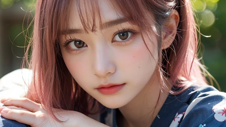 (Long Hair, bangs, Pink Hair:1.2),(Wear a yukata:1.2),1 girl,Japanese,21 years old,(Small breasts:1.3),(highest quality,masterpiece:1.3,超A high resolution,),(Ultra-detailed,Caustics),(Photorealistic:1.4,RAW shooting,)Ultra-Realistic Capture,Very detailed,High resolution 16K human skin close-up。 Natural skin texture、,Pores、、It needs to be detailed enough to be easily identifiable。 Skin should be even-toned and healthy looking。 Use natural light and colour, Sad expression, Looking at the camera, Perfect dynamic composition, Outdoor
