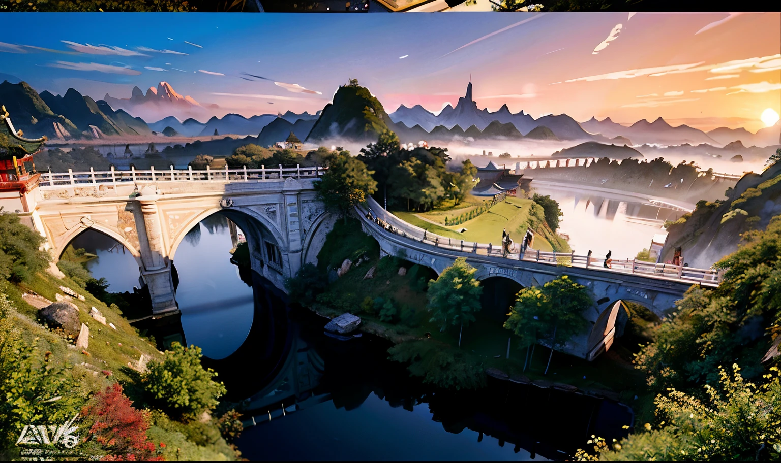 Chinese painting, Chinese Background, Mountain々, Rivers, Auspicious clouds, sunlight, masterpiece, Very detailed, Great composition, Ultra HD, high quality, Very detailed, Official Art, Unified 8k wallpaper, Very detailed, 16:9 32K -- V 6