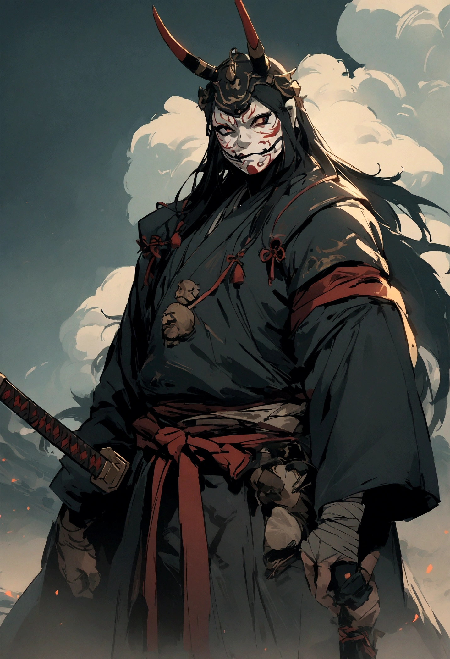 Samurai, mit einer ONI-Maske, He holds the sword on his right arm, high res, masterpiece, illustration, 4k