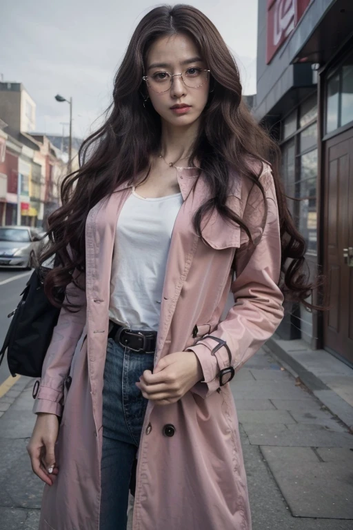 8k, Practical, high detail, 1 Girl,Perfect body,Detailed facial details,Super Eyes Detail, Fashion, Pink trench coat, Black pants with belt, long hair, Long curly hair, Glasses,Slender long legs,night