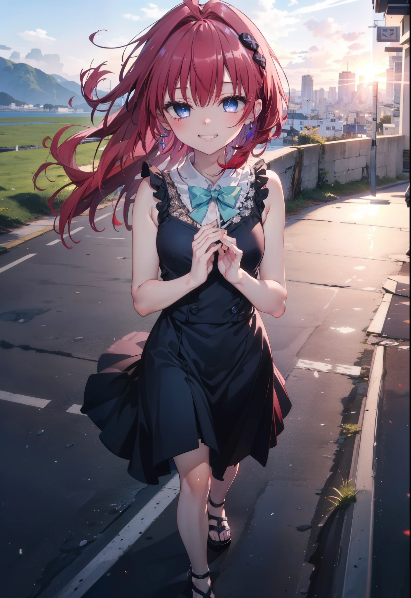 (masterpiece, highest quality:1.2),shape,8k,High resolution,kurosaki mea,Red Hair,Long Hair,Purple eyes,1 girl,Grin,smile,Sleeveless black dress,Bare arms,black long skirt,Cute Sandals,walking,evening,Sunset,The sun is setting,
break looking at viewer,whole body,
break outdoors, Coastal Road,
break (masterpiece:1.2), highest quality, High resolution, unity 8k wallpaper, (shape:0.8), (Beautiful and beautiful eyes:1.6), Highly detailed face, Perfect lighting, Extremely detailed CG, (Perfect hands, Perfect Anatomy),