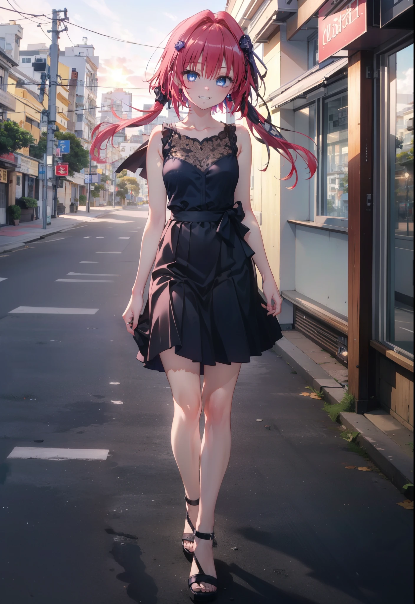 (masterpiece, highest quality:1.2),shape,8k,High resolution,kurosaki mea,Red Hair,Long Hair,Purple eyes,1 girl,Grin,smile,Sleeveless black dress,Bare arms,black long skirt,Cute Sandals,walking,evening,Sunset,The sun is setting,
break looking at viewer,whole body,
break outdoors, Coastal Road,
break (masterpiece:1.2), highest quality, High resolution, unity 8k wallpaper, (shape:0.8), (Beautiful and beautiful eyes:1.6), Highly detailed face, Perfect lighting, Extremely detailed CG, (Perfect hands, Perfect Anatomy),