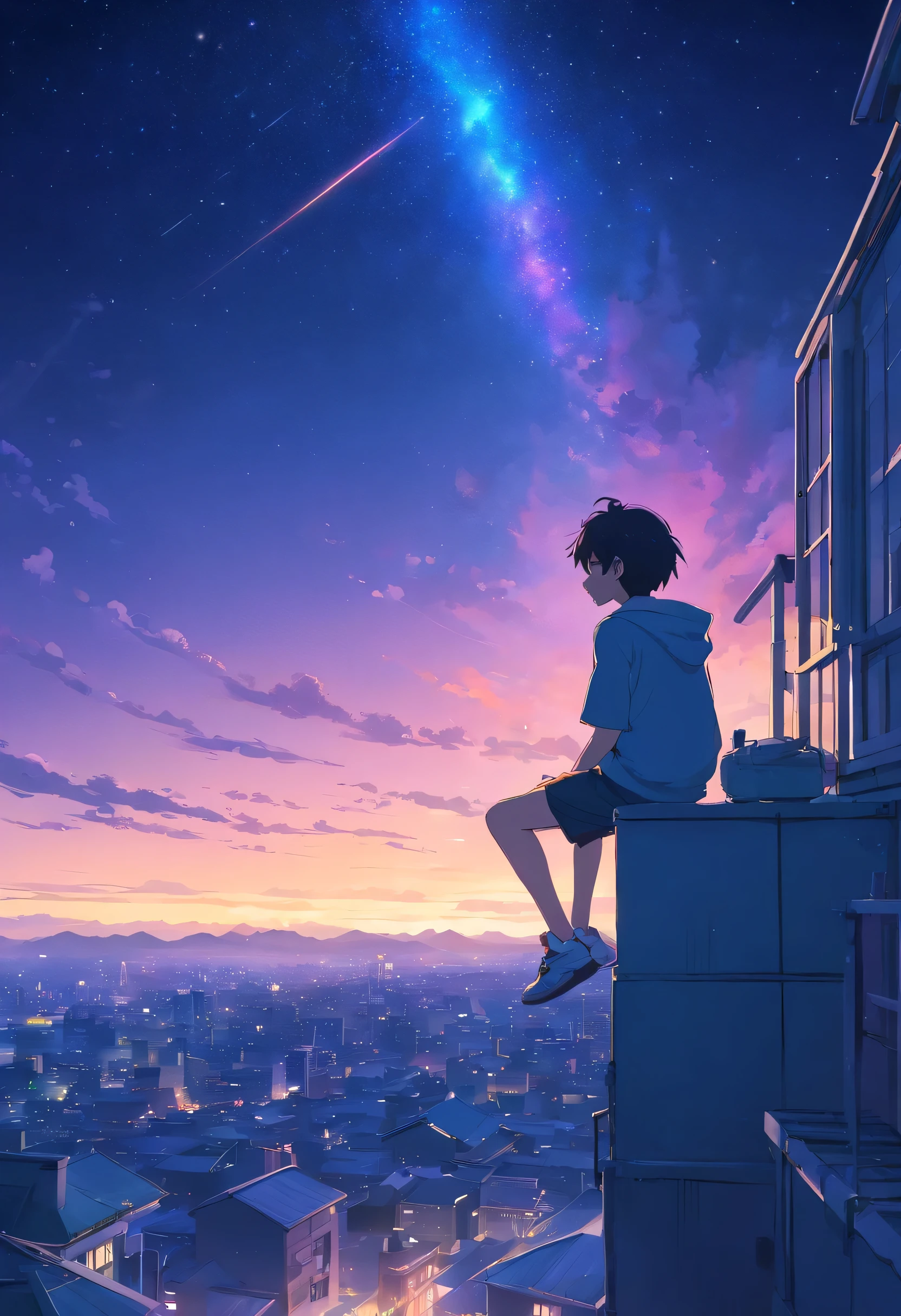 Imagine the cityscape below and create your masterpiece, Above the dark night sky, [purple, green, green, Pink combination color comic fall.] shooting star, Milky Way Galaxy, -yeld boBlack Hair, green shiny eyes, White skin, I&#39;m sitting on the roof of my house and observing the night sky from below with a telescope.