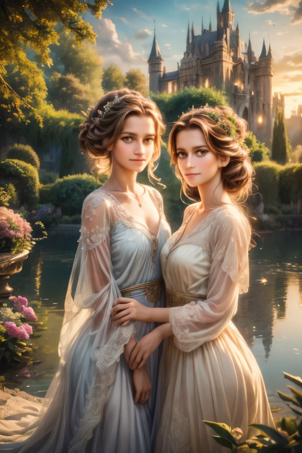a detailed portrait of two beautiful young girls standing in a lush green garden in front of a majestic castle, the castle's reflection perfectly mirrored in the calm waters of a lake, the girls gazing out at the serene scene, their expressions filled with wonder, extremely detailed faces, beautiful eyes, delicate features, long flowing hair, ornate dresses, intricate castle architecture, glowing sunset lighting, vibrant colors, photorealistic, (best quality,8k,highres,masterpiece:1.2),ultra-detailed,(realistic,photorealistic,photo-realistic:1.37),1girl,2girls,castle,lake,reflection,garden,sunset,ornate,beautiful,detailed,serene,wonder,vibrant
