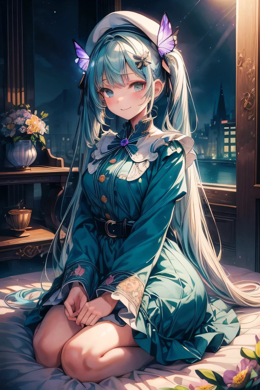 (best quality:1.3), (masterpiece:1.3), (illustration:1.3), (ultra-detailed:1.3), 1girl, solo, very young, medium breast, (white eyes), ((teal hair)), long hair, (twintails), black dress, white coat, black beret, smiling, looking at viewer, flower, hair ornament, short, night sky, glowing purple butterfly, kneeling, flowerbed,