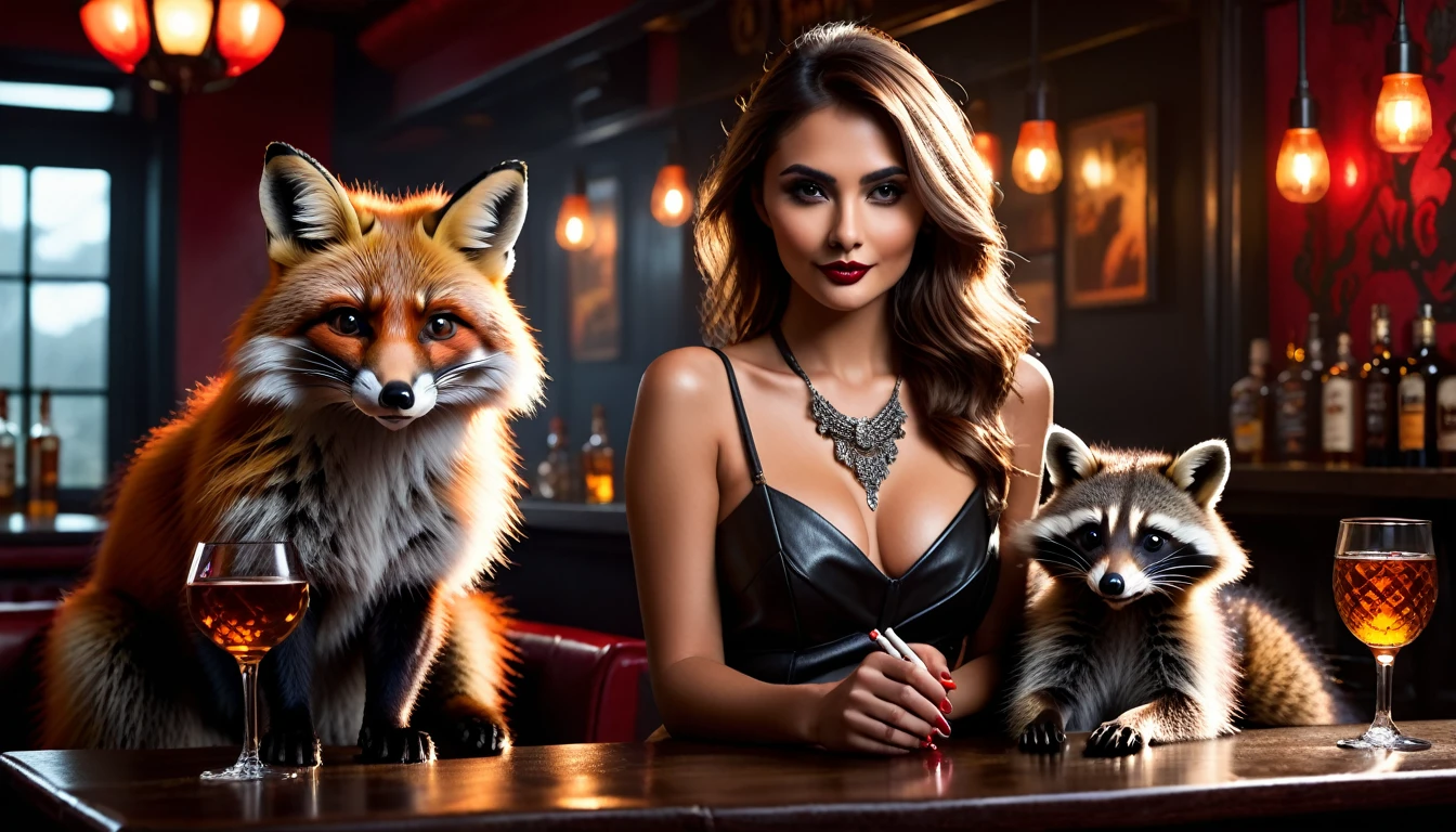 (Best quality, (depth of field) ,ultra high resolution, (photorealistic:1.4), a (fox) and a (raccoon) and a (accompanied by a European woman, natural face, sexy sensual confident look) with whiskey glasses and cigarettes, black leather, background smoky dark rock bar FOX rock bar all in red black, detailed realistic raccoon, highly detailed, 8k, realistic, cinematic lighting, dramatic lighting, mood lighting, dark moody atmosphere, warm colors, vivid colors, intricate Details, award-winning photography, stunning visual effects
