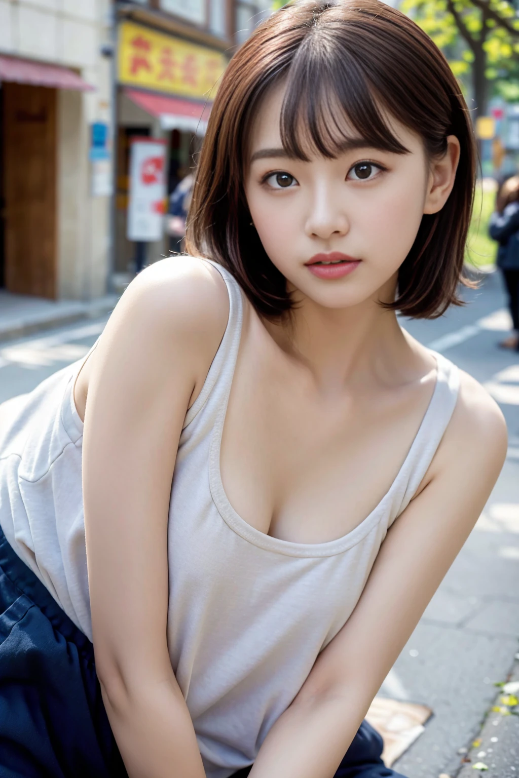 (8k, RAW Photos, highest quality, masterpiece:1.3), (Realistic, photo-Realistic:1.4), (Highly detailed 8k wallpaper), Sharp focus, Written boundary depth,
Japanese Idols,very cute,White bra、(Medium Hair: 1.3), Highly detailed face and eyes,((Shiny skin:1.2)), Cinema Lighting, Soft Light, Blur the background,( Old European village street in the early morning, Cobblestone Street, A bakery filled with warm light and a pleasant aroma.)、(Narrow eyes:1.3)、Attractive eyes、Shining Eyes、Focus on the chest、Small breasts、Soft Breasts、(Small eyes:1.2)、bangs、Full body pose、