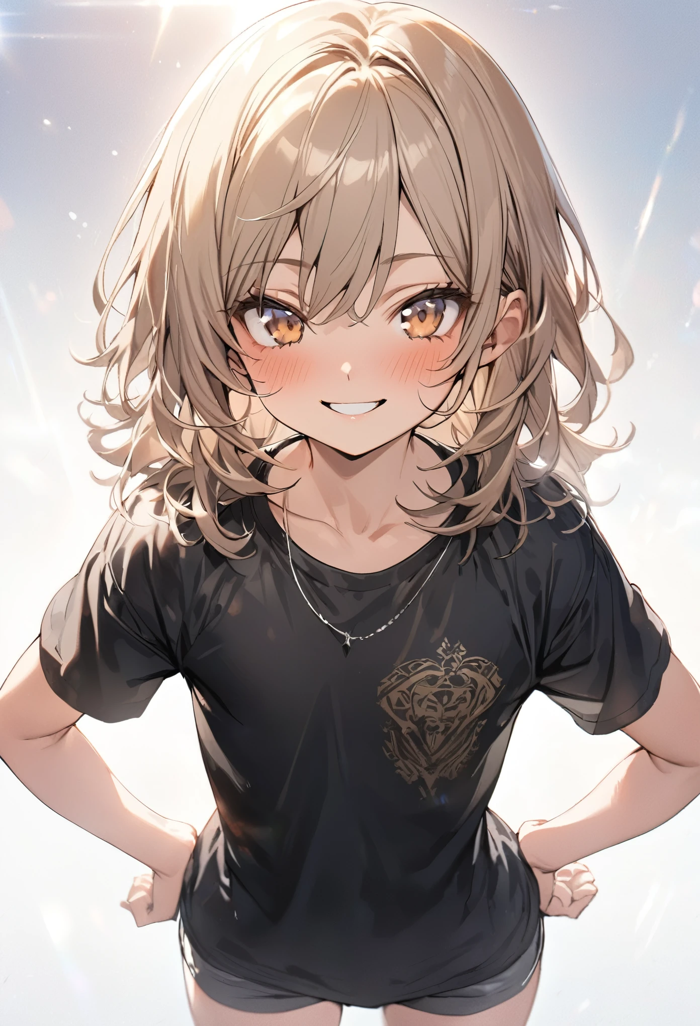 ((Masterpiece)), ((best quality)), (Anime:1.3), (super detail:1.2), (High Definition:1.3), (Professional Photography:1.4), (sharp focus), (perfect light), ((12 years old)), 1girl, portrait shot, from front, ((Plain black T-shirt)), cute teenage girl, super cute face, pale brown hair, messy medium hair, (flat chest), Healthy skin, blush, smile, standing on white background, place hands on hips, short pant, (Healthy slim body),