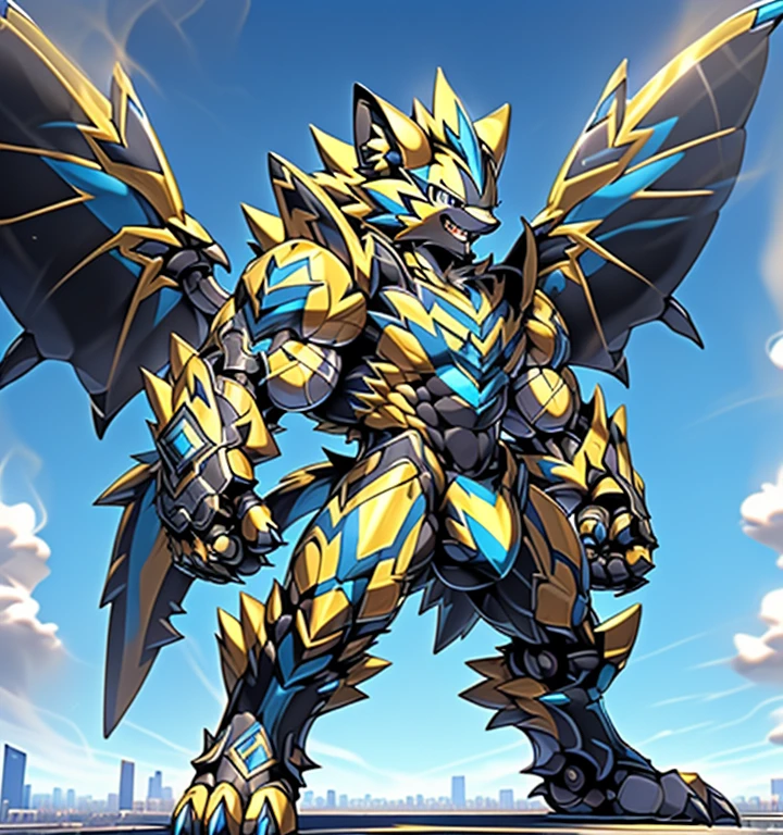 (masterpiece. official art. 8k. best quality. detailed full body. full body.)
(situation 1 : dominating zeraora. Zeraora is over 1000 meters long. focus GIANT mechanical Muscular Zeraora is trampling the city. Looking down. macro. stomp. Low-angle perspective. emphasizing the immense size.)
(situation 2 :smoke and flames rising from the destruction in the city)
(Additional details 1: wearing a full-face helmet. high-tech bio-mecha armor. real texture material. whole body shines like metal. Wearing cyberpunk mecha. emphasizes the muscles. suit fully made of metal. intricate armor. Robotic suit. suit fully made of metal. cyborg. Powered exoskeleton with the same design as Zeraora).
(Additional details 2: (Detailed head. Detailed Body. Detailed abs. gigantic muscles. HYPER MUSCLES. Gigachad Muscular. big muscle. pecs. triceps. traps. unusually developed muscular body. body full of huge muscles. showing off muscles. pectorales enormes. Exaggeratedly huge muscles. huge muscles. long legs.).
(Additional details 3: Spread wings. It has wings. have big wings. The claws are sharp. Sharp teeth.5 toes.).
(Additional details 4: black color hyper ?????. hyper black penis. big penis)