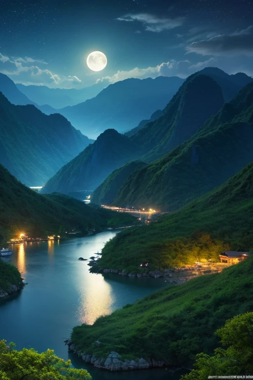 アジアの家のNight view, Vietnam, Vietnam, Hazan, moon, Lake in the foreground, quiet night, Green and Blue, Digital Illustration, Highly detailed digital art in 4K, Night view, anime art wallpaper 4k, anime art wallpaper 4k, 4K Detailed Digital Art, Natural scenery at night, Anime Art Wallpapers 8K, Background artwork, Beautiful Art UHD 4K, 4k HD illustration wallpaper