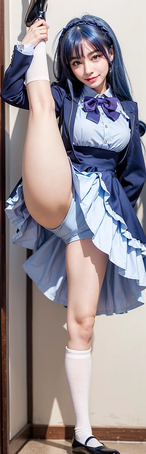 (masterpiece, best quality:1.2), 1girl, solo,standing_split, 
 A photo of a beautiful lady cosplaying frederica bernkastel, dress, darkblue hair, long hair, dress, bowtie, mary janes, white socks, black shoes, purple eyes, amazing legs, 