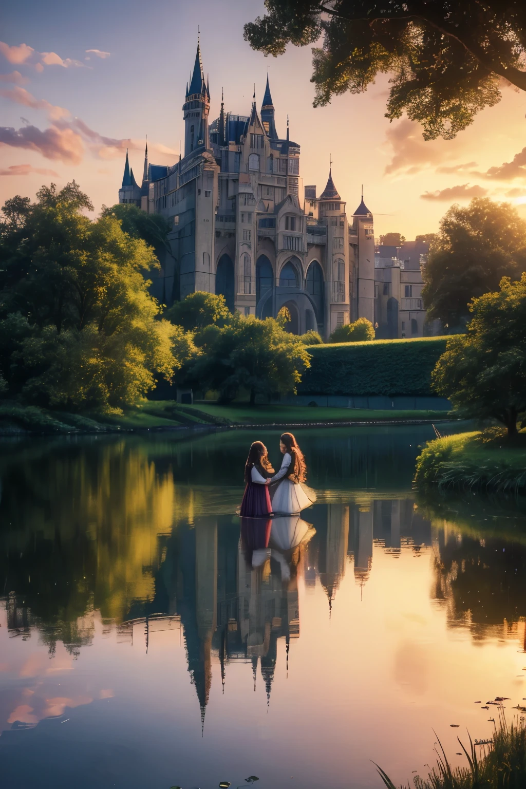 a detailed portrait of two beautiful young girls standing in a lush green garden in front of a majestic castle, the castle's reflection perfectly mirrored in the calm waters of a lake, the girls gazing out at the serene scene, their expressions filled with wonder, extremely detailed faces, beautiful eyes, delicate features, long flowing hair, ornate dresses, intricate castle architecture, glowing sunset lighting, vibrant colors, photorealistic, (best quality,8k,highres,masterpiece:1.2),ultra-detailed,(realistic,photorealistic,photo-realistic:1.37),1girl,2girls,castle,lake,reflection,garden,sunset,ornate,beautiful,detailed,serene,wonder,vibrant