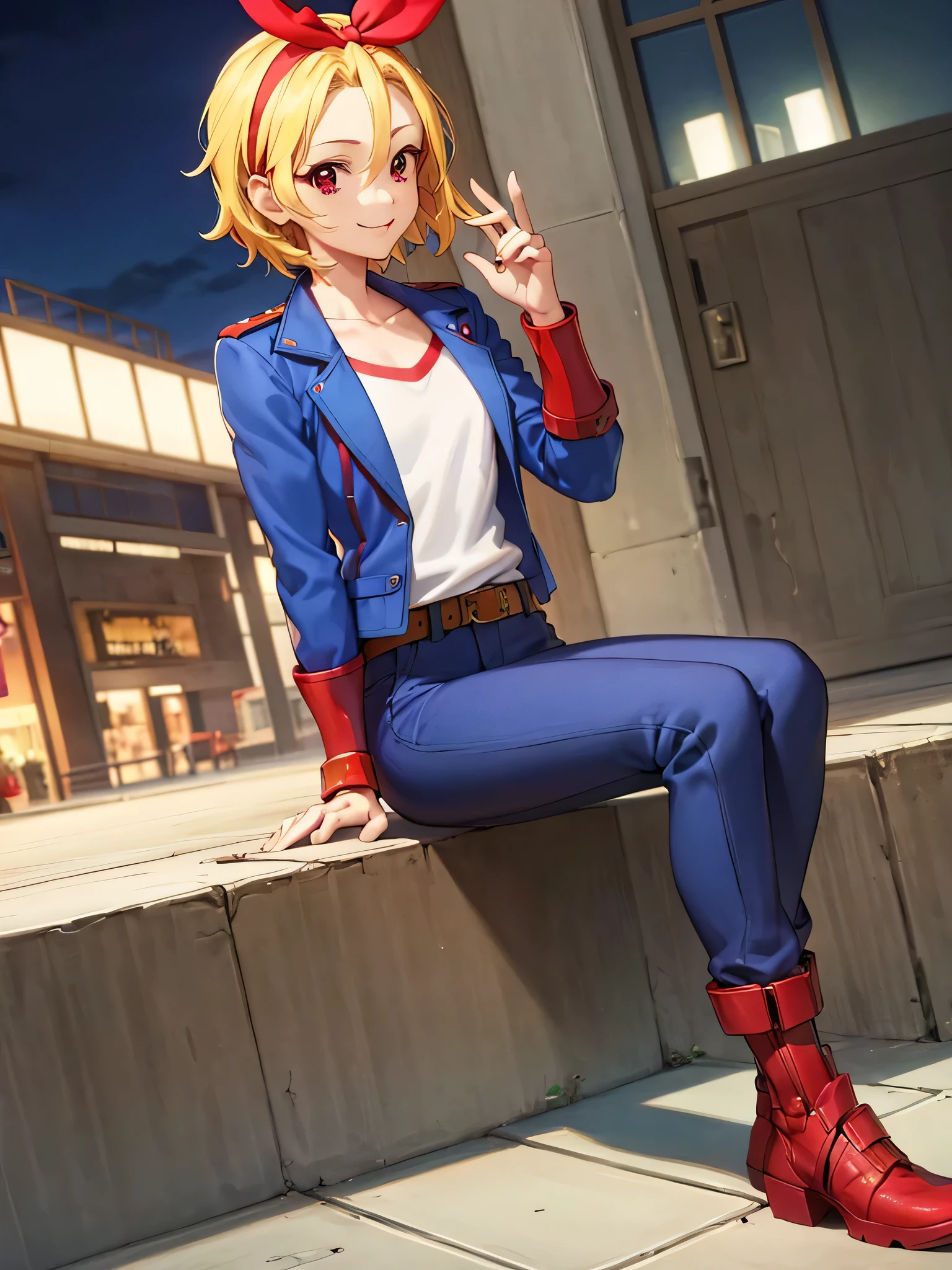 Cammy SF Style, pants, pants, Jacket, often play sports, short hair, sitting,red eyes, highest quality, masterpiece, High resolution,view audience,smile ,Street at night,hosimiya ichigo,