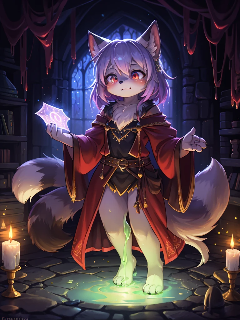Hallucination, daydream , Fear , bokeh , hairy fur , apparitions and racoon dog girl , what a wonderful fantasy world , magician's robe , inside haunted dungeon , Slime Extermination