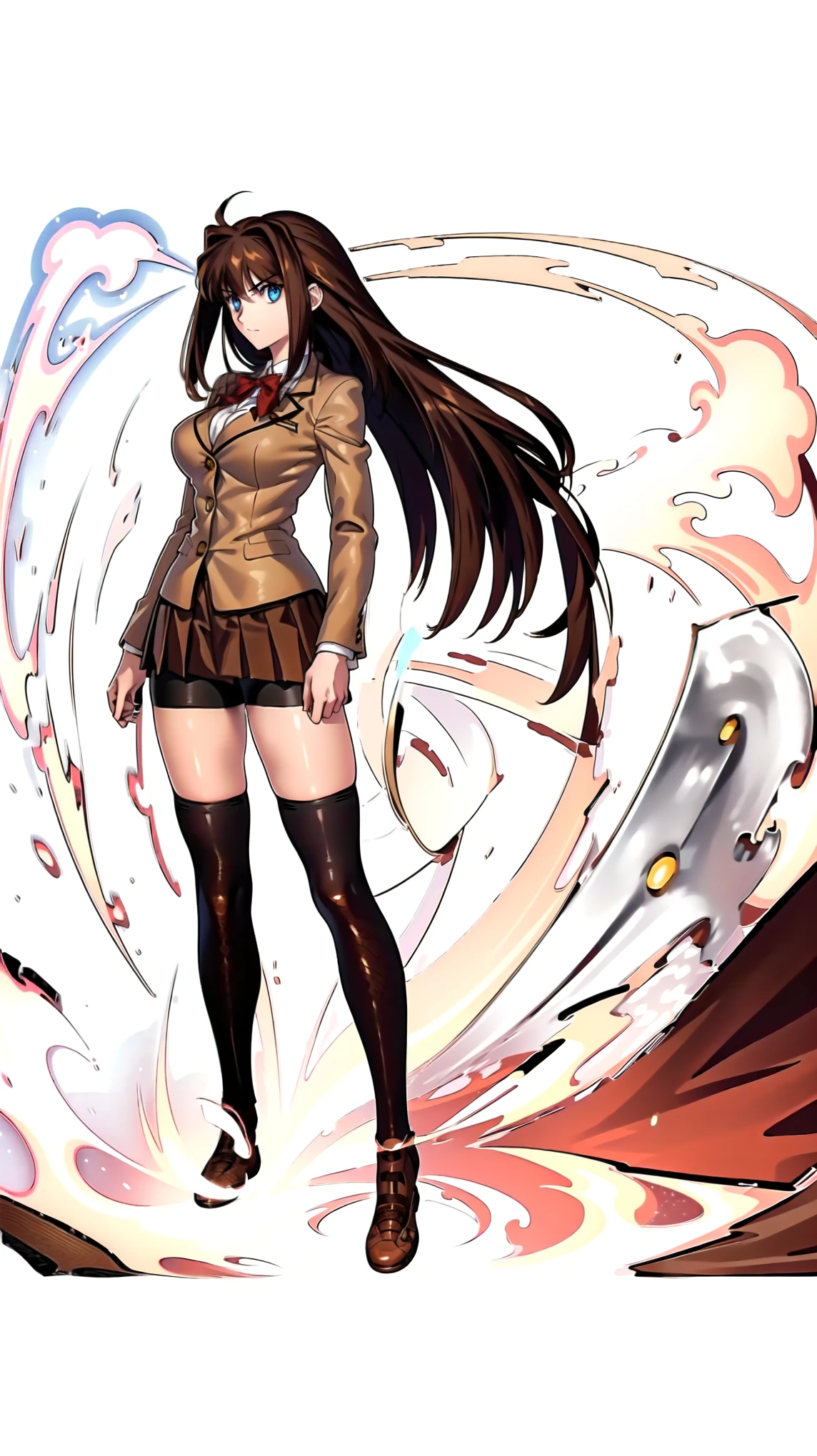 BREAK, centered, BREAK, (EMPTY BACKGROUND), BREAK, (masterpiece), best quality, highest resolution, 8k, illustration, (beautiful detailed eyes:1.5), perfectface, extremely detailed body, CG, perfect hands, perfect anatomy, ((1girl)), ((solo)), (((bbaoko))), ((2 legs max)), ((2 feet max:1.5)), ((swirling vortex shaped longest brown hair:1.5)), (brown longest hair with slightly reddish undertone:1.6), (lush luscious longest brown hair:1.6), (very long voluminous longest brown hair:1.5), serious, blue eyes, red bowtie, (Form-fitting beige blazer:1.5), brown jacket, (highly detailed beautiful face:1.2), ((Flowing skirt)), Wind, (white shirt:1), (well shaped large breasts:1.6), (nice hips:1), pretty legs, ((thigh-high black stockings:1.6)), (((Umber pleated skirt:1.6))), (((large bike-shorts:1.6))), (toned visible skin thighs:1.6), (strap shoes brown color), (facing front:1.5), ((standing straight:1.5)), ((Fullbody in frame:1.5)), ((Full body:1.5)), (takeuchi takashi:1.3)