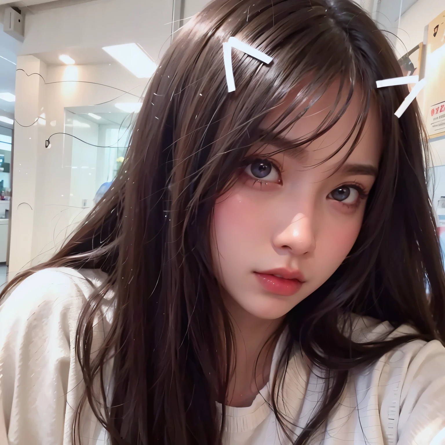 There is a woman with long hair and a white shirt., Best Face, Larisa Manoval, Larissa Manoban of Blackpink, Twice's Tzuyu, young cute white asian face, Cute and lovely Korean face, Young and lovely Korean faces, Blackpink's Josh, jimin park, Jinyoung Shin, Blackpink Jisoo,naughty face,yuan,Ahoge, hair between eyes, hair between eyes ,real hair,with a round face,small head