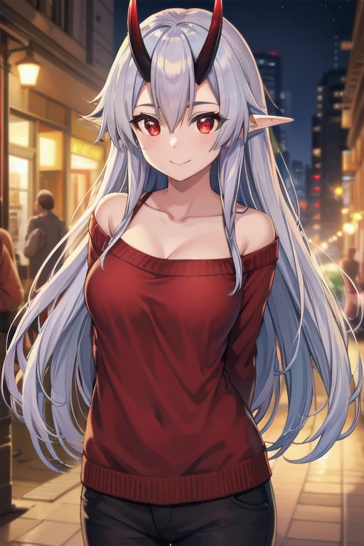 masterpiece, best quality, 1girl, tomoe gozen, torino style, glowing red eyes, smug smile, hair between eyes, silver long hair, elf, oni horns, sweater, bare shoulders, cleavage, hands behind back, ultra-detailed, realistic, photorealistic, HDR, UHD, studio lighting, ultra-fine painting, sharp focus, physically-based rendering, extreme detail description, professional, vivid colors, bokeh