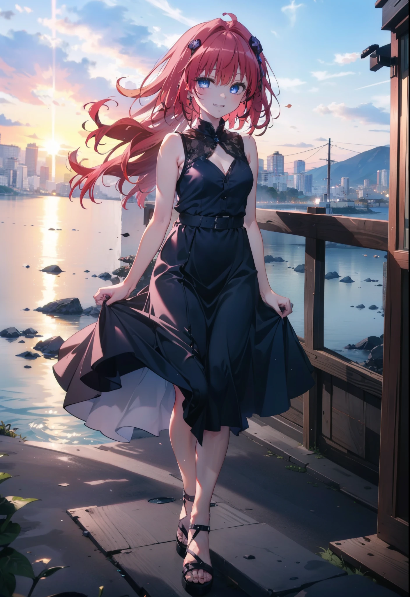 (masterpiece, highest quality:1.2),shape,8k,High resolution,kurosaki mea,Red Hair,Long Hair,Purple eyes,1 girl,Grin,smile,Sleeveless black dress,Bare arms,black long skirt,Cute Sandals,walking,evening,Sunset,The sun is setting,
break looking at viewer,whole body,
break outdoors, Coastal Road,
break (masterpiece:1.2), highest quality, High resolution, unity 8k wallpaper, (shape:0.8), (Beautiful and beautiful eyes:1.6), Highly detailed face, Perfect lighting, Extremely detailed CG, (Perfect hands, Perfect Anatomy),