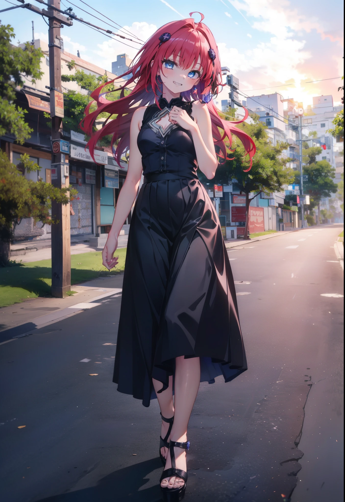 (masterpiece, highest quality:1.2),shape,8k,High resolution,kurosaki mea,Red Hair,Long Hair,Purple eyes,1 girl,Grin,smile,Sleeveless black dress,Bare arms,black long skirt,Cute Sandals,walking,evening,Sunset,The sun is setting,
break looking at viewer,whole body,
break outdoors, Coastal Road,
break (masterpiece:1.2), highest quality, High resolution, unity 8k wallpaper, (shape:0.8), (Beautiful and beautiful eyes:1.6), Highly detailed face, Perfect lighting, Extremely detailed CG, (Perfect hands, Perfect Anatomy),