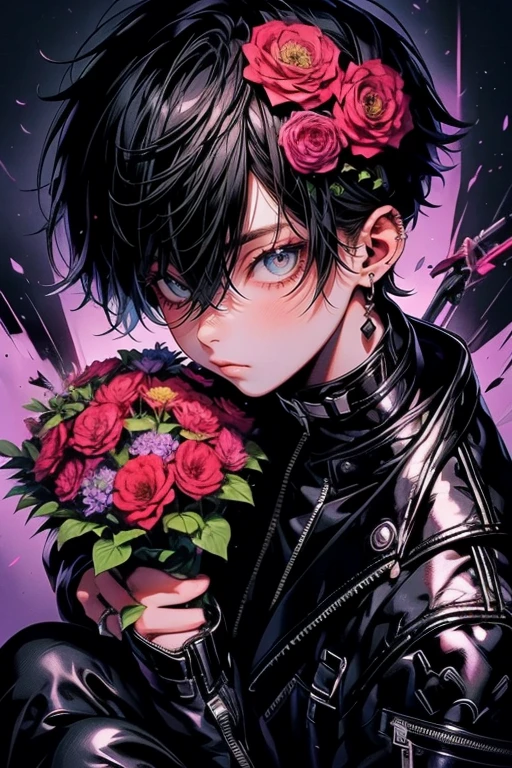1boy,solo,cool,black hair,short hair,black leather jacket, sitting a stairs,has a flower bouquet,holding colorful bouquet of flowers