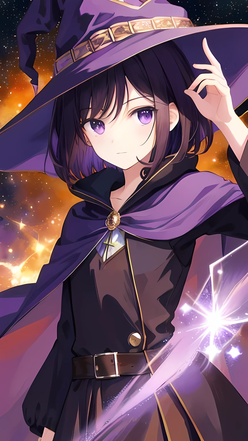 surreal, masterpiece, 4k, an anime girl, short brown hair, purple eyes, (witch hat), cloak, magic, meteor shower background, night, close-up