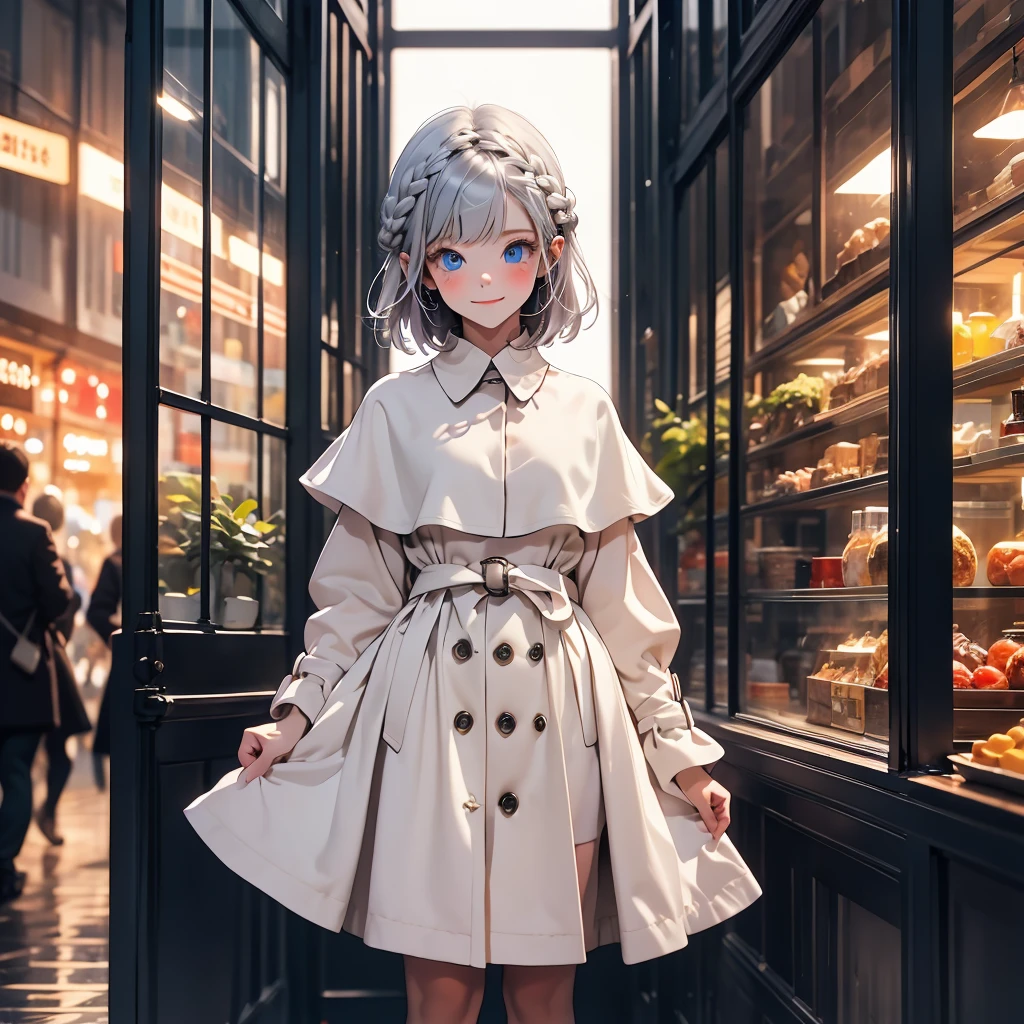 vtuber-fullbody、Standing in front of the viewer、Super detailed, masterpiece, highest quality, alone,A kind smile, A light smile, Cowboy Shot, One girl, blue eyes, short hair、, Gray Hair,French Braid, bangs, Medium chest, CPCT, Capelet Coat
