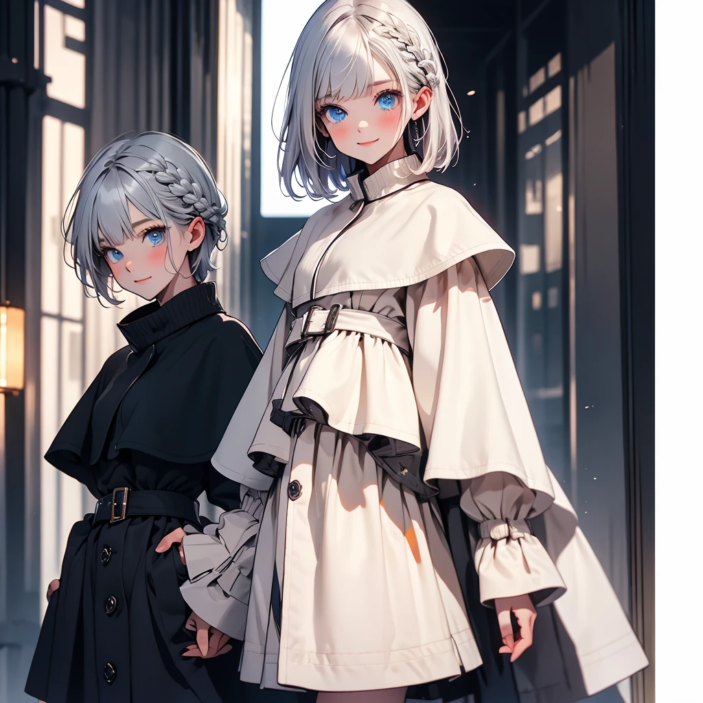 vtuber-fullbody、Standing in front of the viewer、Super detailed, masterpiece, highest quality, alone,A kind smile, A light smile, Cowboy Shot, One girl, blue eyes, short hair、, Gray Hair,French Braid, bangs, Medium chest, CPCT, Capelet Coat
