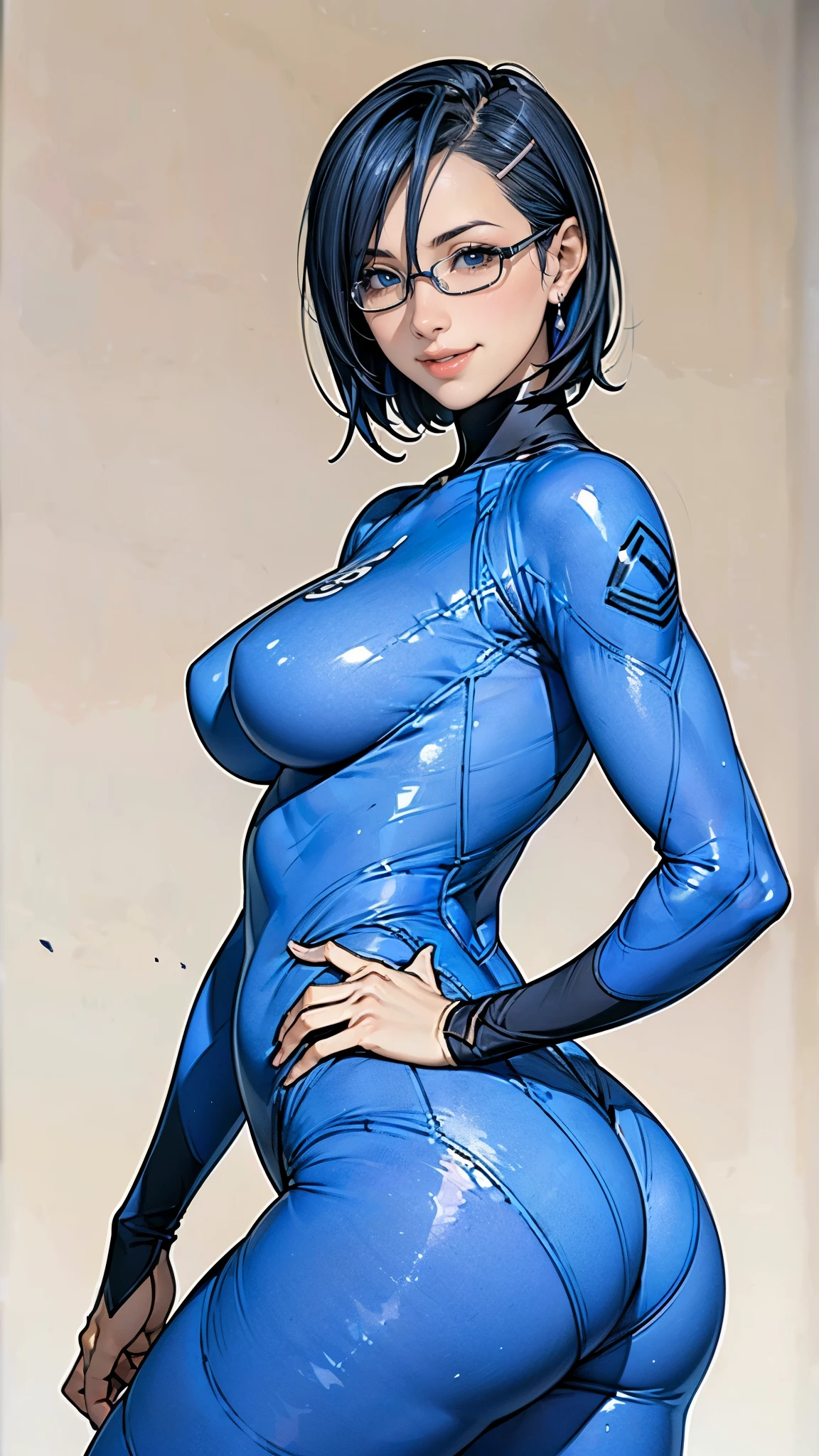 (masterpiece),(highest quality),(Very detailed),(High resolution),(Photorealistic Stick),(Realistic),(8k),wallpaper,Perfect lighting,BREAK(One Woman),((niimi kaoru:1.5)),(blue hair, short hair, brown eyes, hairclip, lips, stud earrings, semi-rimless eyewear:1.5),(NiimiBodysuit, blue bodysuit, belt:1.5),(31 years old),(((very sheer bodysuit:1.5))),(((Very detailedなボディスーツの描画:1.5))),(Beautiful Eyes:1.5),(Detailed face drawing:1.5),(Detailed face drawing:1.5),((Very detailedな女性の手:1.5)),(Shiny skin),(((Very muscular:1.5))),((Beautiful ass:1.5)),(Very sensual:1.5),(((Thick thighs:1.5))),((((gradient background:1.5))),(((Blur the background:1.5))),(((indian style:1.5))),(((Impish Smile:1.5)))