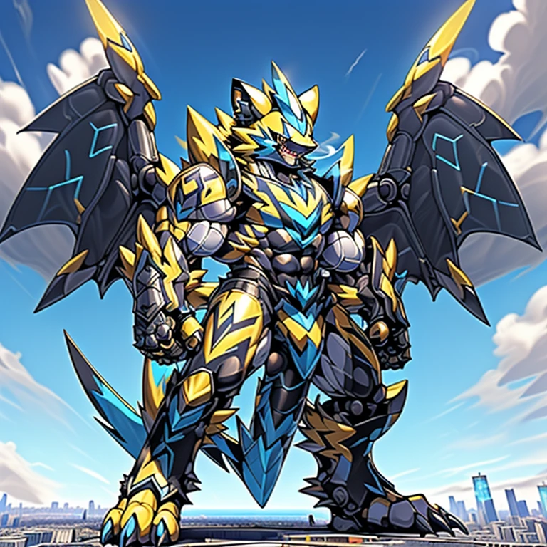 (masterpiece. official art. 8k. best quality. detailed full body. full body.)
(situation 1 : dominating zeraora. Zeraora is over 1000 meters long. focus GIANT mechanical Muscular Zeraora is trampling the city. Looking down. macro. stomp. Low-angle perspective. emphasizing the immense size.)
(situation 2 :smoke and flames rising from the destruction in the city)
(Additional details 1: wearing a full-face helmet. high-tech bio-mecha armor. real texture material. whole body shines like metal. Wearing cyberpunk mecha. emphasizes the muscles. suit fully made of metal. intricate armor. Robotic suit. suit fully made of metal. cyborg. Powered exoskeleton with the same design as Zeraora).
(Additional details 2: (Detailed head. Detailed Body. Detailed abs. gigantic muscles. HYPER MUSCLES. Gigachad Muscular. big muscle. pecs. triceps. traps. unusually developed muscular body. body full of huge muscles. showing off muscles. pectorales enormes. Exaggeratedly huge muscles. huge muscles. long legs.).
(Additional details 3: Spread wings. It has wings. have big wings. The claws are sharp. Sharp teeth.5 toes.).
(Additional details 4: black color hyper penis. hyper black penis. big penis) Vibrant colors, Furry Heroes,