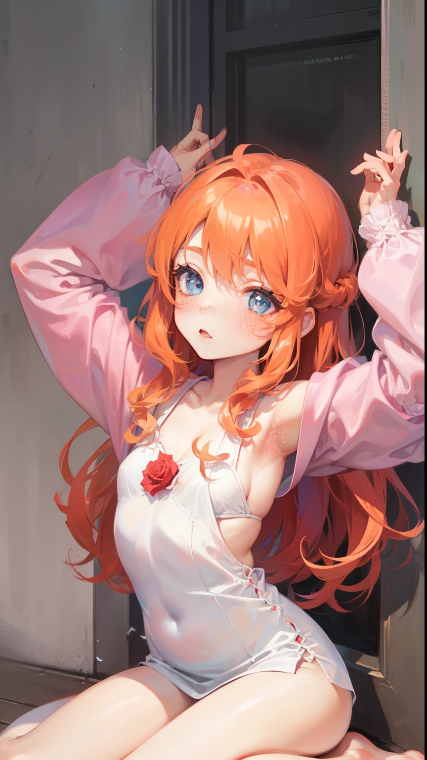 Dynamic posing, dynamic angle, Arrange pose,Top quality work,Show Legs,((wavy hair, pale skin, long light ginger hair),((light blue eyes)), freckles, , Rose cheeks, Pretty cute Face, A perfectly proportioned face,full-body view, amazing, small round chest、Beautiful eye details、Beautiful eyelashes、beautiful double eyelid, with blush cheeks,