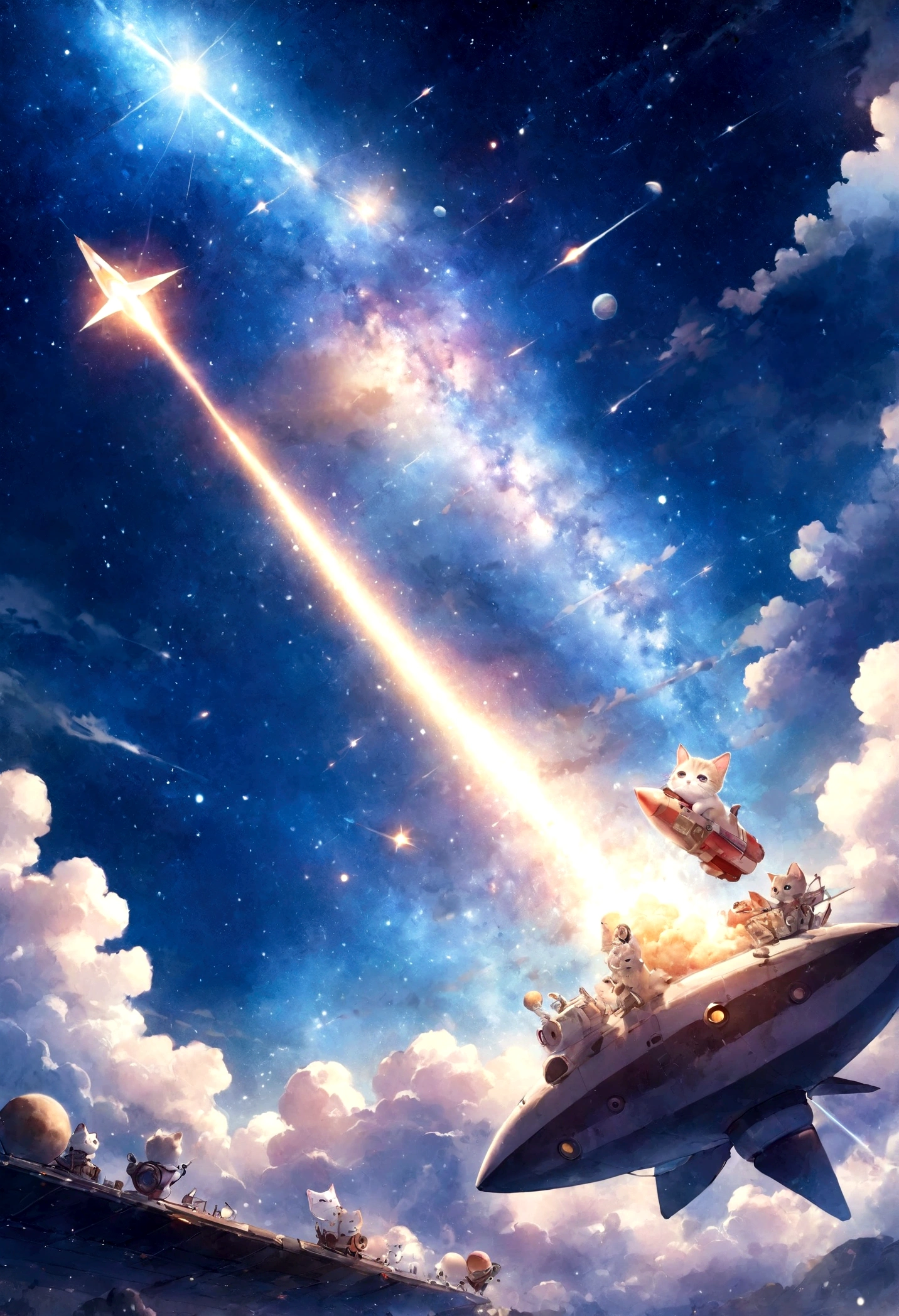 (Watercolor style)、(masterpiece)、(Highest quality:1.1)、(Super fine:1.1)、Best Illustration、delicate、Milky Way、Anime Touch、Sponge Alien、Cute kitten on a rocket、shooting star、