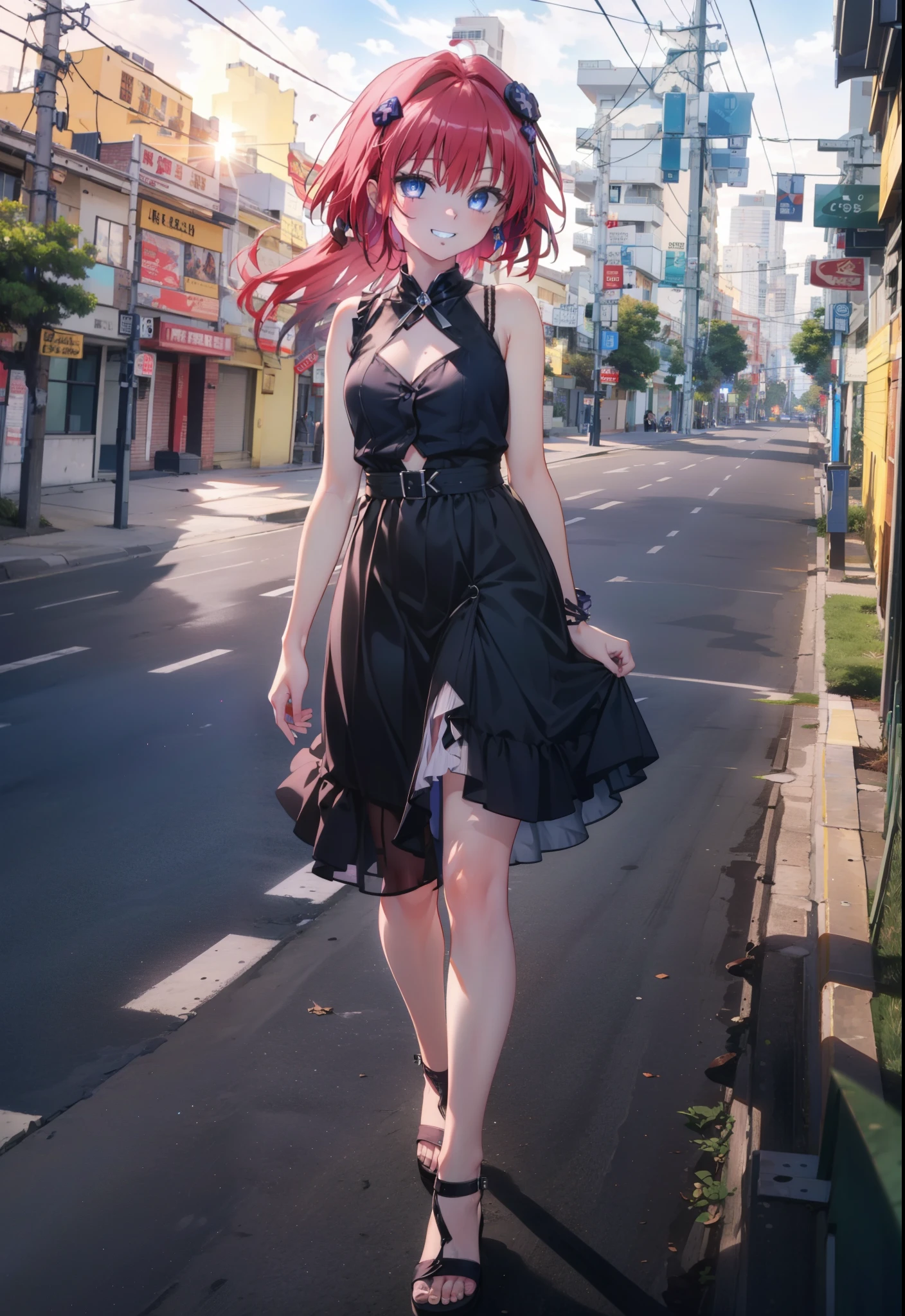 (masterpiece, highest quality:1.2),shape,8k,High resolution,kurosaki mea,Red Hair,Long Hair,Purple eyes,1 girl,Grin,smile,Sleeveless black dress,Bare arms,black long skirt,Cute Sandals,walking,evening,Sunset,The sun is setting,
break looking at viewer,whole body,
break outdoors, Coastal Road,
break (masterpiece:1.2), highest quality, High resolution, unity 8k wallpaper, (shape:0.8), (Beautiful and beautiful eyes:1.6), Highly detailed face, Perfect lighting, Extremely detailed CG, (Perfect hands, Perfect Anatomy),