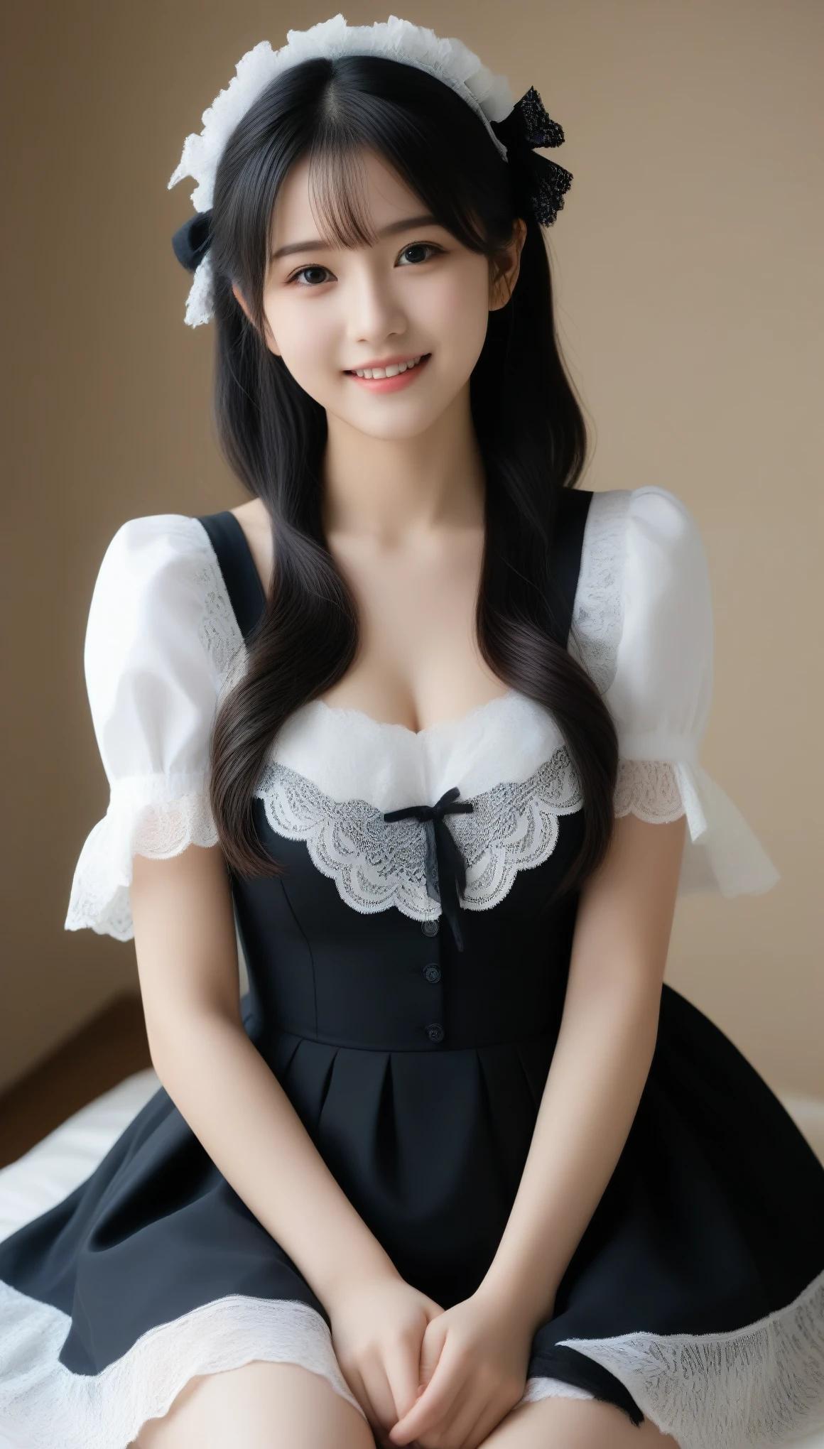 8k, Ultra-high resolution, highest quality, masterpiece, Rule of thirds photography,Surreal, photograph, 1 girl, (:1.3), pretty girl, Cute Face, Beautiful eyes in every detail, 細かくdetailedに,masterpiece,, One Girl:1.2, Japan Female Announcer, ((Beautifully detailed face)), Beautiful and detailed skin, Intricate details, 非常にdetailed, Best image quality in 8K, (18 year old high school girl:Black dress with lace and flowers,Gothic Lolita,Gothic Lolita,Maid clothes) ,Japanese girl,Baby Face,(d,Twin tails:1.6,Black Hair),detailedな唇,Open your mouth,(Bedroom,Sit on the bed),smile, Realistic Face,Realistic Skin,(Vibrant Skin,Moisturized Skin:1.2),Vivid lips,Lip gloss,Looking at the audience、beauty,Long neck、Laugh a little、Please close your mouth and laugh、(((Ideal body type))),A-cup small breasts :2,whole body、Perfect Anatomy、鮮明なdetailed、detailed、Surreal、Light and shadow,Strong light