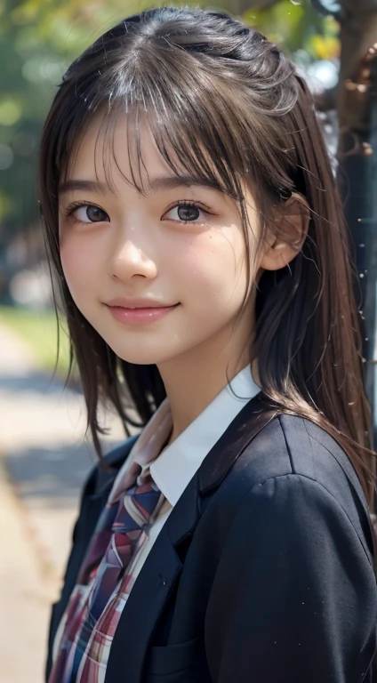 (highest quality,8K quality,masterpiece:1.3),(Ultra-high resolution,Realistic:1.4,Live Shooting),(Very detailed,Caustics,Detailed Background),(Ultra-Realistic Capture,Beautiful and detailed skin,Perfect ???????),At dusk,Sunset sky,School building,Schoolyard,14 years old,cute,single eyelid,Long black hair,School blazer uniform,Looking into the camera,A sloppy smile,Bust up shot,Natural light