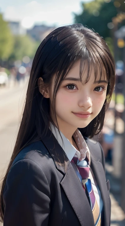 (highest quality,8K quality,masterpiece:1.3),(Ultra-high resolution,Realistic:1.4,Live Shooting),(Very detailed,Caustics,Detailed Background),(Ultra-Realistic Capture,Beautiful and detailed skin,Perfect Anatomy),At dusk,Sunset sky,School building,Schoolyard,14 years old,cute,single eyelid,Long black hair,School blazer uniform,Looking into the camera,A sloppy smile,Bust up shot,Natural light