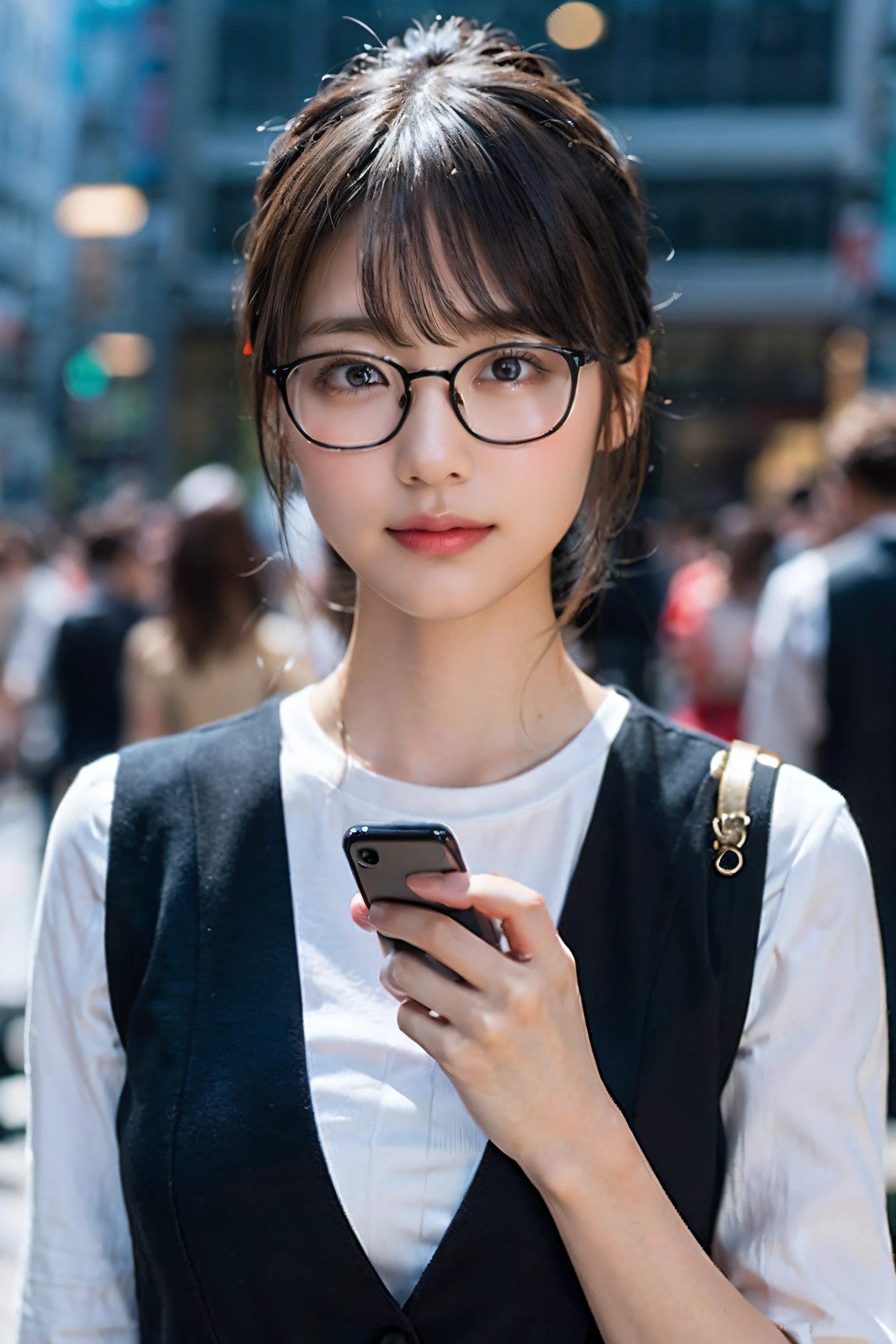 (8k、Raw photo、highest quality、masterpiece:1.2)、(Realistic、Photorealistic:1.37)、Ultra-detailed、超A high resolution、1 girl、Seeing the viewer、Beautifully detailed face、Laughter、narrow、(Slim waist) :1.3)、((White shirt))、Beautifully detailed skin、Skin Texture、Floating Hair、((Tie your hair together))、Shapely large breasts、Professional Lighting、In front of the station at noon、((Black square glasses))、Human whole body、Brown Hair、((Make a phone call on your mobile phone))、
