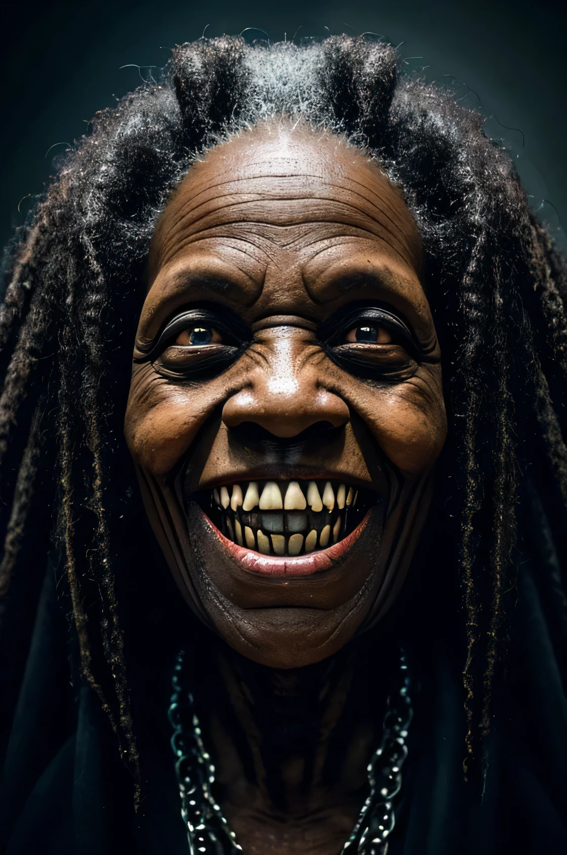 create Macabre gothic  old afro american woman wet matted hair, deformed face,  looking over at viewer with a rotted broken missing teeth grin, blinded sunken cloudy eyes, Disgusting deformed and rotten old witch hag ladies creeping in the shadows,