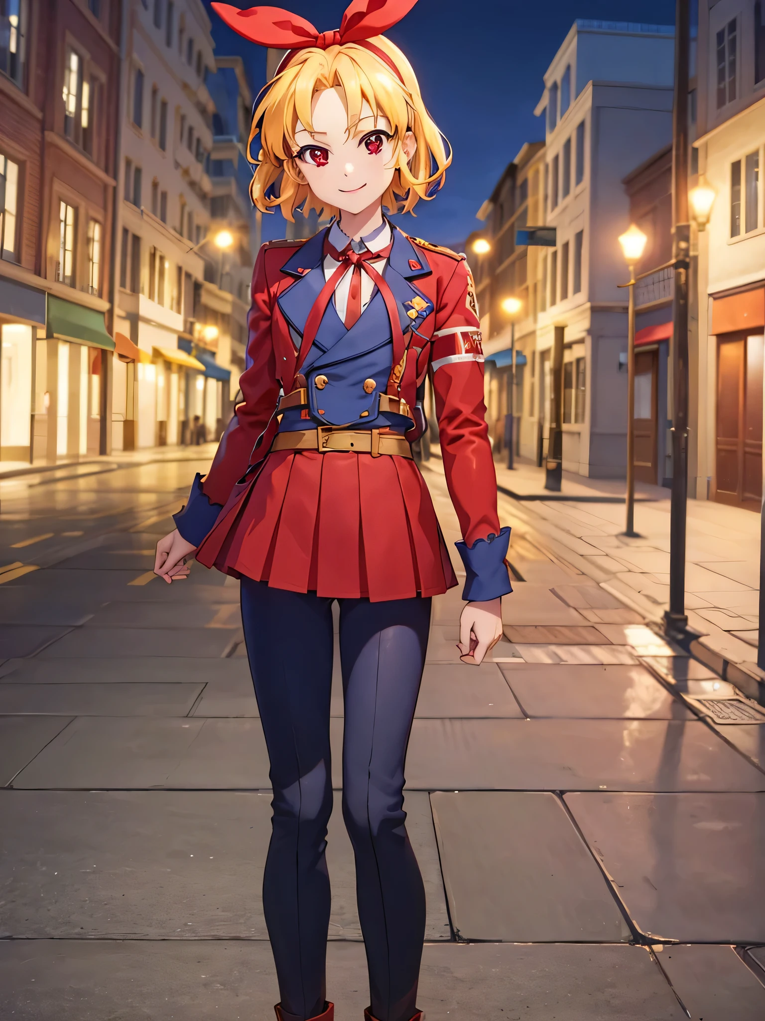 (RED Ribbon on HAIRband:1.2),Cammy SF Style, pants, pants, Jacket, often play sports, short hair, standing,red eyes, highest quality, masterpiece, High resolution,view audience,smile ,Street at night,hosimiya ichigo,